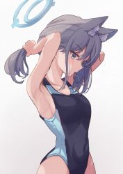 Rule 34 | 1girl, absurdres, adjusting hair, animal ear fluff, animal ears, armpits, arms up, black one-piece swimsuit, blue archive, blue eyes, blue halo, blush, breasts, collarbone, competition swimsuit, covered navel, cowboy shot, cross hair ornament, extra ears, gradient background, grey hair, hair ornament, halo, highleg, highleg swimsuit, highres, low ponytail, medium breasts, medium hair, mismatched pupils, mouth hold, multicolored clothes, multicolored swimsuit, official alternate costume, one-piece swimsuit, rubber band, shiroko (blue archive), shiroko (swimsuit) (blue archive), shishishi, sideboob, solo, swimsuit, white background, wolf ears