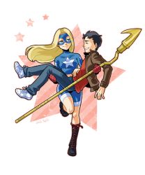Rule 34 | 1boy, 1girl, belt, billy batson, black hair, blonde hair, blue eyes, boots, carrying, courtney whitmore, crop top, dc comics, denim, domino mask, gloves, jacket, jeans, justice society of america, long hair, mask, pants, princess carry, sen (pixiv111638), shazam, shoes, shorts, skin tight, smile, sneakers, staff, star (symbol), stargirl