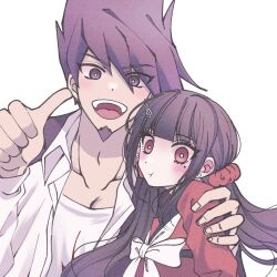 Rule 34 | 1boy, 1girl, :d, black sailor collar, blunt bangs, blush, bow, bowtie, collarbone, commentary request, danganronpa (series), danganronpa v3: killing harmony, facial hair, goatee, grey background, hair ornament, hair scrunchie, hand up, harukawa maki, highres, long hair, long sleeves, low twintails, mole, mole under eye, momota kaito, open clothes, open mouth, open shirt, pink eyes, pout, print shirt, red eyes, red scrunchie, red shirt, sailor collar, satori (aosky9077), scrunchie, shirt, simple background, smile, spiked hair, teeth, thumbs up, twintails, upper teeth only, white bow, white bowtie, white shirt