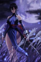 black_eyes black_hair dress gloves_over_sleeves grass katana legs moon purple_clouds samurai_spirits shiki sword three-quarter_sleeves tight_clothes tight_dress weapon