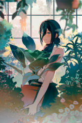 Rule 34 | 1girl, absurdres, bare shoulders, black choker, black hair, blurry, bush, chainsaw man, champi, choker, commentary, cowboy shot, depth of field, flower, from side, green eyes, greenhouse, hair between eyes, hair bun, highres, holding, holding plant, light blush, long bangs, looking at viewer, plant, potted plant, reze (chainsaw man), shirt, short hair, single hair bun, sleeveless, sleeveless shirt, smile, solo, standing, symbol-only commentary, white flower, white shirt