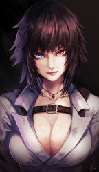 Rule 34 | 1girl, black hair, blue eyes, breasts, collarbone, collared shirt, devil may cry, devil may cry (series), devil may cry 4, heterochromia, highres, jewelry, lady (devil may cry), large breasts, necklace, re (re 09), red eyes, scar, scar on face, scar on nose, shirt, short hair, solo, upper body, white shirt