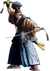 Rule 34 | 1boy, 3d, absurdres, black hair, dual wielding, eyepatch, full body, hakama, hakama pants, haori, highres, holding, holding sword, holding weapon, japanese clothes, katana, kimono, male focus, official art, pants, samurai, samurai spirits, sandals, solo, sword, topknot, transparent background, weapon, yagyuu juubei (samurai spirits)