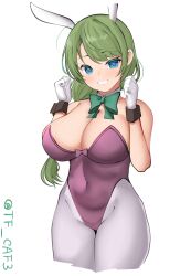 Rule 34 | 1girl, adapted costume, ahoge, alternate breast size, animal ears, aqua bow, aqua bowtie, blue eyes, blush, bow, bowtie, braid, breasts, cleavage, covered navel, cowboy shot, detached collar, fake animal ears, gloves, green hair, grey pantyhose, highleg, highleg leotard, kantai collection, large breasts, leotard, long hair, looking at viewer, mole, mole under mouth, pantyhose, playboy bunny, rabbit ears, simple background, single braid, smile, solo, strapless, strapless leotard, tf cafe, twitter username, very long hair, white background, white gloves, wrist cuffs, yuugumo (kancolle)