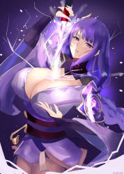 Rule 34 | 1girl, absurdres, bad id, bad twitter id, bare shoulders, braid, breasts, cleavage, detached collar, genshin impact, hair ornament, highres, japanese clothes, kasumi saika, kimono, large breasts, long hair, long sleeves, looking at viewer, low-braided long hair, low-tied long hair, mole, mole under eye, obi, off shoulder, purple eyes, purple hair, purple kimono, raiden shogun, sash, solo, thighs, wide sleeves