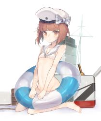 Rule 34 | 10s, 1girl, anchor, bare legs, barefoot, bikini, blunt bangs, blush, bow, brown eyes, brown hair, closed mouth, flat chest, gi (melmail), groin, hat, hat bow, innertube, kantai collection, looking at viewer, navel, sailor bikini, sailor collar, sailor hat, short hair, side-tie bikini bottom, sitting, solo, striped, swim ring, swimsuit, transparent, v arms, wariza, white bikini, white hat, z3 max schultz (kancolle)
