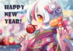 Rule 34 | 1girl, :d, blurry, blurry background, blush, bokeh, bow, candy apple, depth of field, food, hair bow, hair ornament, happy new year, holding, holding food, holding skewer, japanese clothes, kimono, long hair, long sleeves, looking at viewer, low ponytail, multicolored hair, new year, oooise, open mouth, orange eyes, original, rabbit hair ornament, red hair, skewer, slit pupils, smile, solo, streaked hair, tanghulu, two-tone hair, upper body, white hair