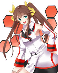 Rule 34 | 10s, 1girl, aqua eyes, brown hair, collarbone, detached sleeves, hair ribbon, hand on own hip, highres, huang lingyin, infinite stratos, long hair, looking at viewer, open mouth, ribbon, solo, torone, twintails, yellow ribbon