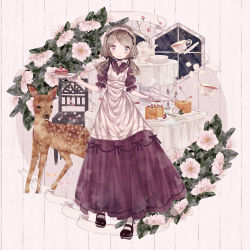 Rule 34 | 1girl, absurdres, animal, apron, black footwear, blue eyes, blunt bangs, blush, cake, chair, cherry, collared dress, cup, deer, dinner, dress, drink, flower, food, fruit, hair ornament, hairband, hexagon, highres, holding, holding food, holding plate, leaf, light brown hair, long dress, long skirt, looking afar, looking at viewer, maid headdress, mary janes, night, night sky, original, parted bangs, parted lips, pinafore dress, plant, plate, porcelain, puffy short sleeves, puffy sleeves, purple dress, purple ribbon, ribbon, saucer, shoes, short sleeves, skirt, sky, sleeveless dress, socks, strawberry, strawberry shortcake, supika, table, teapot, waitress, white apron, white background, white flower, white ribbon, white socks, window