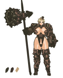 Rule 34 | 1girl, absurdres, armor, bikini armor, blonde hair, blue eyes, blunt bangs, boots, breasts, c-string, cleavage, color guide, curvy, full body, gauntlets, gradient background, hairband, hammer, highres, huge breasts, huge weapon, looking at viewer, nameo (judgemasterkou), original, pasties, shield, short hair, shoulder armor, smile, solo, spikes, standing, strapless bottom, thick thighs, thigh boots, thighhighs, thighs, weapon, wide hips