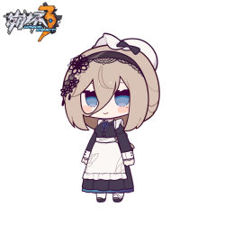 Rule 34 | 1girl, alternate costume, aponia (honkai impact), apron, black bow, black dress, black footwear, black hairband, blue ribbon, blush stickers, bow, breasts, brown hair, chibi, closed mouth, collared dress, copyright name, dress, enmaided, eta, eyebrows hidden by hair, frilled apron, frills, full body, hair between eyes, hairband, hat, honkai (series), honkai impact 3rd, juliet sleeves, long hair, long sleeves, looking at viewer, maid, mob cap, mole, mole under eye, neck ribbon, pantyhose, pleated dress, puffy sleeves, ribbon, shoes, simple background, small breasts, smile, solo, standing, waist apron, white apron, white background, white headwear