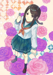 Rule 34 | 1girl, bad id, bad pixiv id, black hair, black socks, blue sailor collar, blush, book, brown footwear, closed mouth, collared shirt, commentary request, dress, floral background, floral print, flower, from above, full body, green skirt, hair ornament, hairclip, holding, light smile, loafers, long hair, long sleeves, looking at viewer, neckerchief, original, parted bangs, perspective, pink flower, pink rose, pleated skirt, purple flower, purple rose, red neckerchief, rose, sailor, sailor collar, sailor dress, school uniform, serafuku, shirt, shoes, sidelocks, skirt, smile, socks, solo, standing, wasabi no tenpura