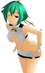 Rule 34 | 10s, 1girl, absurdres, aquarion (series), aquarion evol, blue eyes, breasts, cleavage, clothes pull, green hair, groin, hair ribbon, hell machina, highres, long hair, navel, one eye closed, ribbon, shirt, short hair, short shorts, shorts, shorts pull, signature, simple background, solo, tongue, tongue out, white background, white shirt, yellow ribbon, zessica wong