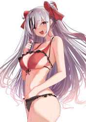 Rule 34 | 1girl, :d, azur lane, bare arms, bikini, bikini skirt, black hair, breasts, cleavage, cowboy shot, elbe (azur lane), fang, frilled bikini, frills, front-tie top, hair between eyes, halterneck, hand under clothes, hand under swimsuit, large breasts, long hair, looking at viewer, multicolored hair, navel, open mouth, purple eyes, raised eyebrows, red bikini, red ribbon, ribbon, schreibe shura, sideboob, simple background, smile, solo, stomach, strap pull, streaked hair, swimsuit, two-tone bikini, two side up, wet, white background, white hair