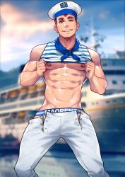 Rule 34 | abs, blue sky, blue stripes, blurry, blurry background, brown hair, clothes lift, cloud, ear piercing, feet out of frame, hat, highres, jockstrap, looking at viewer, male focus, male underwear, maorenc, muscular, muscular male, navel, nipples, one eye closed, original, pants, pectorals, piercing, sailor collar, sailor hat, ship, shirt, shirt lift, single nipple piercing, sky, sleeveless, sleeveless shirt, smile, striped clothes, striped shirt, underwear, watercraft, white hair, white pants, yellow eyes