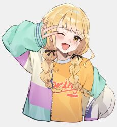 Rule 34 | 1girl, ;d, absurdres, amog, arm up, blonde hair, braid, cropped torso, fujita kotone, gakuen idolmaster, hair ribbon, highres, idolmaster, jacket, long hair, looking at viewer, multicolored clothes, multicolored jacket, one eye closed, open clothes, open jacket, open mouth, ribbon, simple background, smile, solo, twin braids, upper body, v, white background, yellow eyes