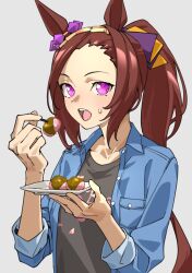 Rule 34 | 1girl, absurdres, animal ears, blue shirt, brown hair, buttons, collared shirt, commentary, dango, ear ornament, eating, flower-shaped pupils, food, forehead, grey background, grey shirt, hair ornament, highres, holding, holding food, holding plate, horse ears, horse girl, long hair, looking at viewer, name connection, object namesake, open clothes, open mouth, open shirt, pink eyes, plate, ponytail, sakura bakushin o (umamusume), sakura mochi, shirt, simple background, sleeves past elbows, sleeves rolled up, solo, standing, symbol-shaped pupils, tanabe (fueisei), umamusume, upper body, wagashi