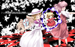 Rule 34 | 3girls, artist name, blonde hair, blush, bow, copyright name, demon, dress, closed eyes, female focus, hair bow, hat, hat ribbon, highres, louise (touhou), mille, multiple girls, mystic square, outstretched arms, pink eyes, pink hair, ribbon, sara (touhou), short hair, side ponytail, spread arms, sun hat, touhou, touhou (pc-98), wallpaper, watermark, wayousei (touhou), web address, wings, yellow eyes