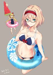 Rule 34 | 1girl, 2016, alice margatroid, barefoot, bespectacled, bikini, blonde hair, blue bikini, blue eyes, bow, breasts, cleavage, collarbone, covered navel, dated, doll, doll joints, food, full body, glasses, hair bow, hairband, highres, innertube, joints, looking at viewer, medium breasts, nabeshima tetsuhiro, navel, one-piece swimsuit, popsicle, red bow, school swimsuit, semi-rimless eyewear, shanghai doll, short hair, simple background, solo, sparkle, swim ring, swimsuit, touhou, twitter username, under-rim eyewear, watermelon bar