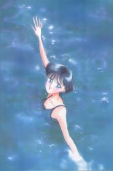 Rule 34 | 1990s (style), 1girl, bishoujo senshi sailor moon, blue eyes, blue hair, duplicate, earrings, highres, jewelry, looking at viewer, matching hair/eyes, mizuno ami, one-piece swimsuit, parted lips, short hair, smile, solo, swimsuit, takeuchi naoko, wading, water