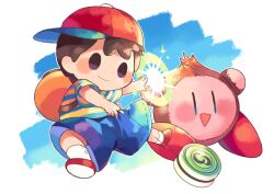 Rule 34 | 1boy, :d, backpack, bag, baseball cap, black hair, blue shirt, blue shorts, blue sky, blush, closed mouth, commentary request, full body, hat, high five, hitofutarai, holding, kirby, kirby (series), male focus, mother (game), mother 2, multicolored clothes, ness (mother 2), nintendo, open mouth, red footwear, red headwear, shirt, shoes, short hair, short sleeves, shorts, sideways hat, sky, smile, socks, solid oval eyes, striped clothes, striped shirt, super smash bros., t-shirt, two-tone shirt, white background, white socks, yellow shirt, yo-yo