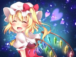 Rule 34 | 1girl, ascot, blonde hair, blush, bow, fang, flandre scarlet, gradient background, hat, hat bow, heart, looking at viewer, mob cap, open mouth, side ponytail, sisterakuma, smile, solo, sparkle, touhou, wings