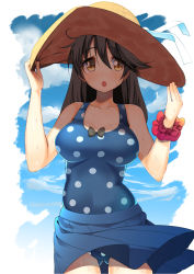 Rule 34 | 10s, 1girl, :o, b-ginga, black hair, blonde hair, blush, breasts, cowboy shot, gradient background, hands on headwear, hat, highres, kantai collection, large breasts, looking at viewer, one-piece swimsuit, polka dot, polka dot swimsuit, scrunchie, skirt, solo, sun hat, swimsuit, ushio (kancolle), wrist scrunchie