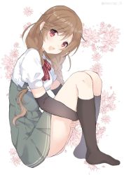 Rule 34 | 1girl, arm warmers, bad id, bad twitter id, black socks, blush, bow, bowtie, braid, breasts, flower, hugging own legs, kantai collection, kneehighs, light brown hair, long hair, medium breasts, minegumo (kancolle), one-hour drawing challenge, open mouth, red bow, red bowtie, red eyes, saiki yuzuri, shirt, short sleeves, simple background, skirt, socks, solo, suspender skirt, suspenders, twin braids, twitter username, white background, white shirt
