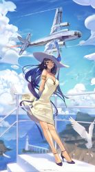 Rule 34 | 1girl, absurdres, against railing, aircraft, airplane, animal, arm up, armlet, bare legs, bare shoulders, bird, black legwear, blue eyes, blue hair, blue skin, breasts, cleavage, cloud, cloudy sky, colored skin, commentary request, damiaodi, dated, day, detached collar, dress, earrings, feathers, full body, hat, high heels, highres, jewelry, lighthouse, lips, long hair, looking at viewer, medium breasts, necklace, ocean, original, outdoors, railing, seagull, signature, sky, smile, solo, stairs, standing, strapless, strapless dress, sundress, vehicle request, very long hair, water, white dress, white hat, window
