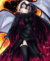 Rule 34 | 1girl, absurdres, armor, bad id, bad pixiv id, black cape, black thighhighs, blonde hair, breasts, cape, commentary request, cowboy shot, embers, fate (series), fire, fur collar, fur trim, gauntlets, headpiece, highres, holding, holding weapon, jeanne d&#039;arc (fate), jeanne d&#039;arc (ruler) (fate), jeanne d&#039;arc alter (avenger) (fate), jeanne d&#039;arc alter (avenger) (first ascension) (fate), jeanne d&#039;arc alter (fate), looking away, momendoufu, parted lips, sheath, short hair, side slit, smile, solo, standing, sword, teeth, thighhighs, vambraces, weapon