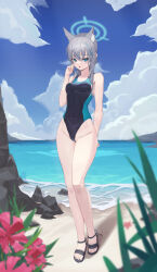 Rule 34 | 1girl, absurdres, animal ear fluff, animal ears, beach, black one-piece swimsuit, blue archive, blue eyes, blue sky, breasts, cloud, competition swimsuit, covered navel, cross hair ornament, day, extra ears, flower, grey hair, hair ornament, halo, highres, looking at viewer, low ponytail, medium breasts, medium hair, mismatched pupils, multicolored clothes, multicolored swimsuit, ne.corn, official alternate costume, one-piece swimsuit, outdoors, sandals, shiroko (blue archive), shiroko (swimsuit) (blue archive), sky, solo, standing, swimsuit, wolf ears