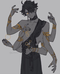 Rule 34 | 1boy, arm strap, black hair, black nails, conohi (snvcenni), dark skin, earrings, extra arms, hair over one eye, hands up, hinduism, jewelry, looking at viewer, male focus, neck tattoo, o-ring arm strap, original, parted lips, ring, simple background, tattoo, teeth, upper body, upper teeth only, yellow eyes