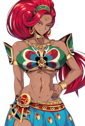 Rule 34 | 1girl, abs, armlet, armor, bare shoulders, blue lips, blue nails, blue skirt, blush, bracelet, breastplate, breasts, closed mouth, collarbone, curvy, dark skin, dark-skinned female, earrings, gerudo, gold, gold choker, green eyes, highres, jewelry, large breasts, long hair, nail polish, navel, nintendo, one eye closed, red hair, shimure (460), simple background, skirt, smile, solo, standing, the legend of zelda, the legend of zelda: breath of the wild, urbosa, white background