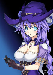 Rule 34 | 1girl, blue eyes, braid, breasts, capelet, choujigen game neptune, cleavage, controller, cosplay, cyber (cyber knight), dress, food, game controller, genshin impact, gloves, hat, hat belt, highres, large breasts, lisa (genshin impact), long hair, multicolored clothes, multicolored dress, neptune (neptunia), neptune (series), pocky, purple capelet, purple hair, purple headwear, purple heart (neptunia), tanaka rie, voice actor connection, witch, witch hat