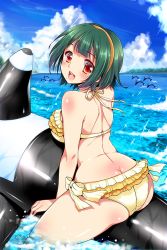 Rule 34 | 1girl, :d, ass, bikini, blush, breasts, butt crack, cloud, comiket 88, day, dolphin, frilled bikini, frills, hairband, idolmaster, idolmaster (classic), inflatable orca, inflatable toy, koari, large breasts, looking at viewer, looking back, mole, mole under mouth, ocean, open mouth, otonashi kotori, red eyes, short hair, smile, swimsuit, yellow bikini