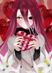 Rule 34 | 1girl, alternate costume, balloon, black eyes, black scarf, box, closed mouth, commentary request, fate/grand order, fate (series), flower, grey jacket, hair between eyes, heart-shaped box, heart balloon, heterochromia, highres, holding, holding box, jacket, long hair, long sleeves, nana ekakisan, red hair, scarf, smile, solo, typhon ephemeros (fate), valentine, very long hair, white flower, yellow eyes