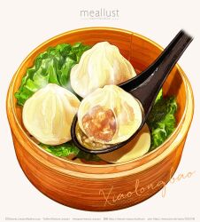 Rule 34 | artist name, bowl, chinese food, dumpling, english text, food, food focus, haruna macpro, highres, lettuce, no humans, original, simple background, spoon