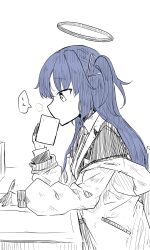 Rule 34 | 1girl, absurdres, black jacket, blazer, blue archive, check translation, commentary request, cup, desk, from side, greyscale, halo, hand up, highres, holding, holding cup, holding pen, jacket, jacket partially removed, ki no nekko, long hair, long sleeves, monochrome, paper, pen, puffy long sleeves, puffy sleeves, purple hair, short twintails, sketch, smelling, solo, spot color, steam, translation request, twintails, upper body, white background, yuuka (blue archive)