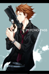 Rule 34 | 10s, 1boy, bracelet, brown eyes, brown hair, copyright name, cowboy shot, finger on trigger, gun, hair ornament, hairclip, jewelry, kagari shuusei, kubyou azami, letterboxed, male focus, necktie, psycho-pass, red necktie, solo, weapon