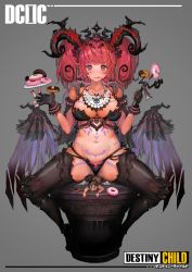 Rule 34 | + +, 1boy, 1girl, black bra, black footwear, black gloves, black panties, black thighhighs, boots, bra, breasts, chest tattoo, chocolate doughnut, closed mouth, collarbone, commentary request, copyright name, demon girl, demon horns, demon wings, destiny child, doughnut, facial tattoo, fingerless gloves, food, full-body tattoo, full body, gloves, grey background, highres, horns, large breasts, limos (destiny child), lips, long hair, looking at viewer, mini person, miniboy, navel, panties, plate, pubic tattoo, red eyes, red hair, side-tie panties, simple background, sitting, solo focus, spread legs, stomach, stomach tattoo, tattoo, thigh boots, thighhighs, tongue, tongue out, two side up, underwear, voruvoru, wings