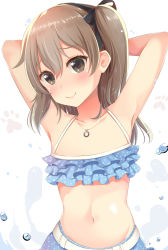 Rule 34 | 10s, 1girl, aibumi, alternate costume, armpits, arms behind head, bad id, bad pixiv id, bare shoulders, bikini, bikini top only, blush, brown eyes, collarbone, commentary request, flat chest, frilled bikini, frills, girls und panzer, hair between eyes, light brown hair, long hair, looking at viewer, midriff, navel, shimada arisu, side ponytail, smile, solo, stomach, swimsuit
