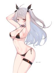 Rule 34 | 1girl, anchor, antenna hair, armpits, arms up, artist name, azur lane, bikini, black bikini, black ribbon, blush, breasts, cleavage, closed eyes, closed mouth, cowboy shot, dated, flag print, german flag, german flag bikini, grey hair, hair ribbon, long hair, looking at viewer, mimelond, navel, print bikini, prinz eugen (azur lane), prinz eugen (unfading smile) (azur lane), red hair, ribbon, side-tie bikini bottom, simple background, solo, standing, stomach, straight hair, swept bangs, swimsuit, thigh strap, thighs, two side up, white background