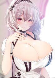 Rule 34 | 1girl, azur lane, breasts, cleavage, drop.b, frills, hairband, hand up, highres, huge breasts, looking at viewer, parted lips, puffy short sleeves, puffy sleeves, red eyes, shirt, short hair, short sleeves, sirius (azur lane), solo, upper body, white hair, white shirt