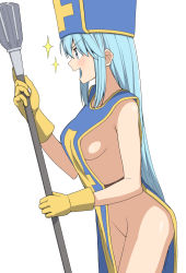 Rule 34 | 1girl, :d, aqua (konosuba), bare arms, bare shoulders, blue eyes, blue hair, blue hat, blush, breasts, cosplay, cowboy shot, dragon quest, dragon quest iii, from side, gloves, hat, holding, holding staff, long hair, medium breasts, mitre, naked tabard, no bra, no panties, open mouth, priest (dq3), priest (dq3) (cosplay), profile, salpin, sideboob, sidelocks, simple background, smile, solo, sparkle, square enix, staff, tabard, v-shaped eyebrows, very long hair, white background, yellow gloves