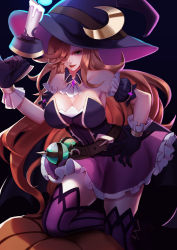 Rule 34 | 1girl, absurdres, bewitching miss fortune, boots, breasts, candle, cat, cleavage, gun, halloween, hat, high heel boots, high heels, highres, holding, holding candle, holding gun, holding weapon, large breasts, league of legends, lipstick, long hair, makeup, night, outdoors, pumpkin, miss fortune (league of legends), thighhighs, weapon, witch hat