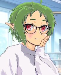 Rule 34 | 1girl, ahoge, alternate costume, closed mouth, elf, glasses, green hair, indoors, looking at viewer, mizumori keiichi, mushoku tensei, pointy ears, red eyes, short hair, smile, solo, sweater, sylphiette (mushoku tensei), upper body, white sweater