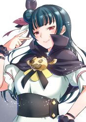Rule 34 | 1girl, absurdres, birthday, black scrunchie, blue hair, blush, breasts, capelet, chishio (onoderayui), commentary request, feather hair ornament, feathers, genjitsu no yohane, hair bun, hair ornament, highres, long hair, looking at viewer, love live!, love live! sunshine!!, red eyes, scrunchie, single side bun, small breasts, solo, tsushima yoshiko, upper body, wrist scrunchie, yohane (genjitsu no yohane)