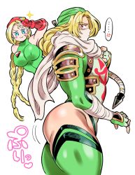 Rule 34 | 2girls, adapted costume, armor, armpits, bad id, bad pixiv id, blonde hair, blue eyes, braid, breasts, cammy white, capcom, covered mouth, cowboy shot, doboshiru, from side, gloves, green jumpsuit, halterneck, hat, jumpsuit, leotard, long hair, looking at viewer, multiple girls, muscular, muscular female, nintendo, pauldrons, ponytail, red eyes, red hat, scarf, sheik, shoulder armor, simple background, sparkle, standing, street fighter, super smash bros., the legend of zelda, the legend of zelda: ocarina of time, thighhighs, thighs, twin braids, v-shaped eyebrows, very long hair, white background