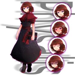 Rule 34 | alice margatroid, anger vein, arano oki, black dress, black footwear, blue eyes, blush, book, brown hair, capelet, character name, closed mouth, dress, expressions, full body, holding, holding book, looking at viewer, m.u.g.e.n, open mouth, physalis (mugen), red capelet, second-party source, shaded face, short hair, smile, standing, sweat, tachi-e, touhou, white background