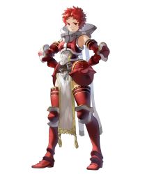 Rule 34 | 1girl, armor, armored boots, boots, fire emblem, fire emblem awakening, fire emblem heroes, full body, gauntlets, hands on own hips, highres, looking at viewer, mayo (becky2006), nintendo, pelvic curtain, red eyes, red hair, short hair, smile, solo, standing, sully (fire emblem), transparent background